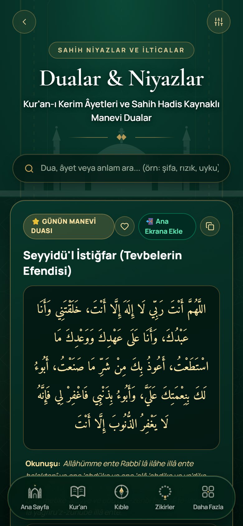 Dualar ve Niyazlar ekranı