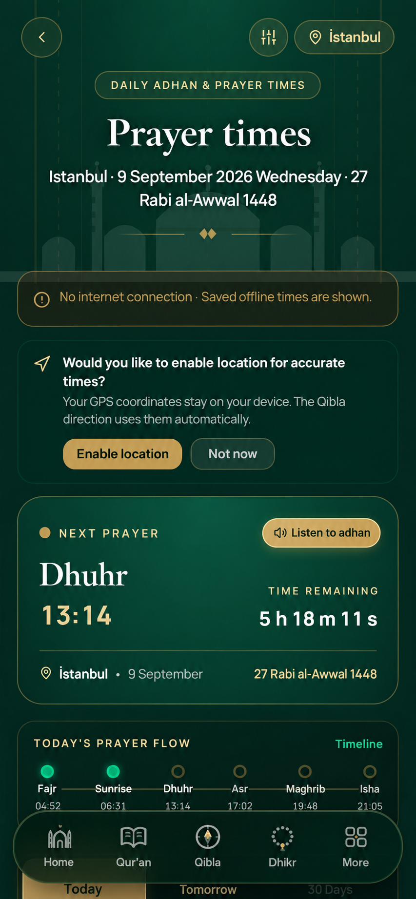 Prayer Times screen