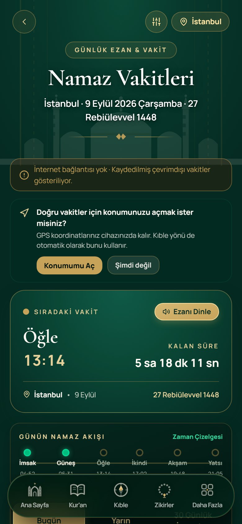 Namaz Vakitleri ekranı