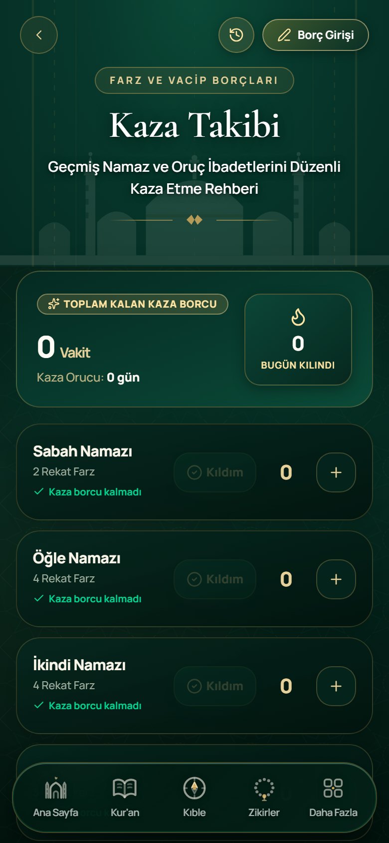 Kaza namazı takip ekranı