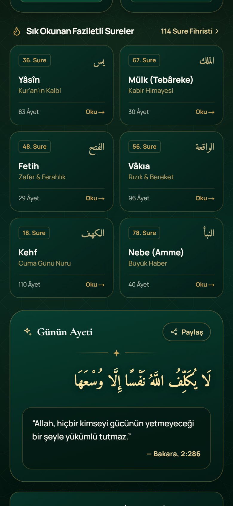 Kur'an sure kitaplığı ekranı