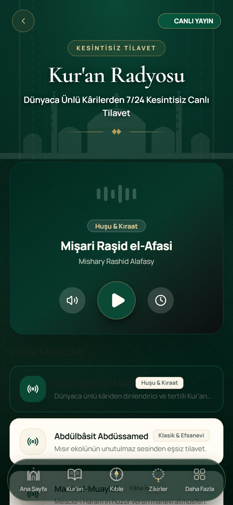 Kur'an radyosu oynatıcı ekranı