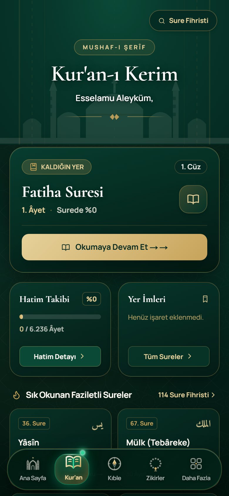 Kur'an-ı Kerim okuma ekranı