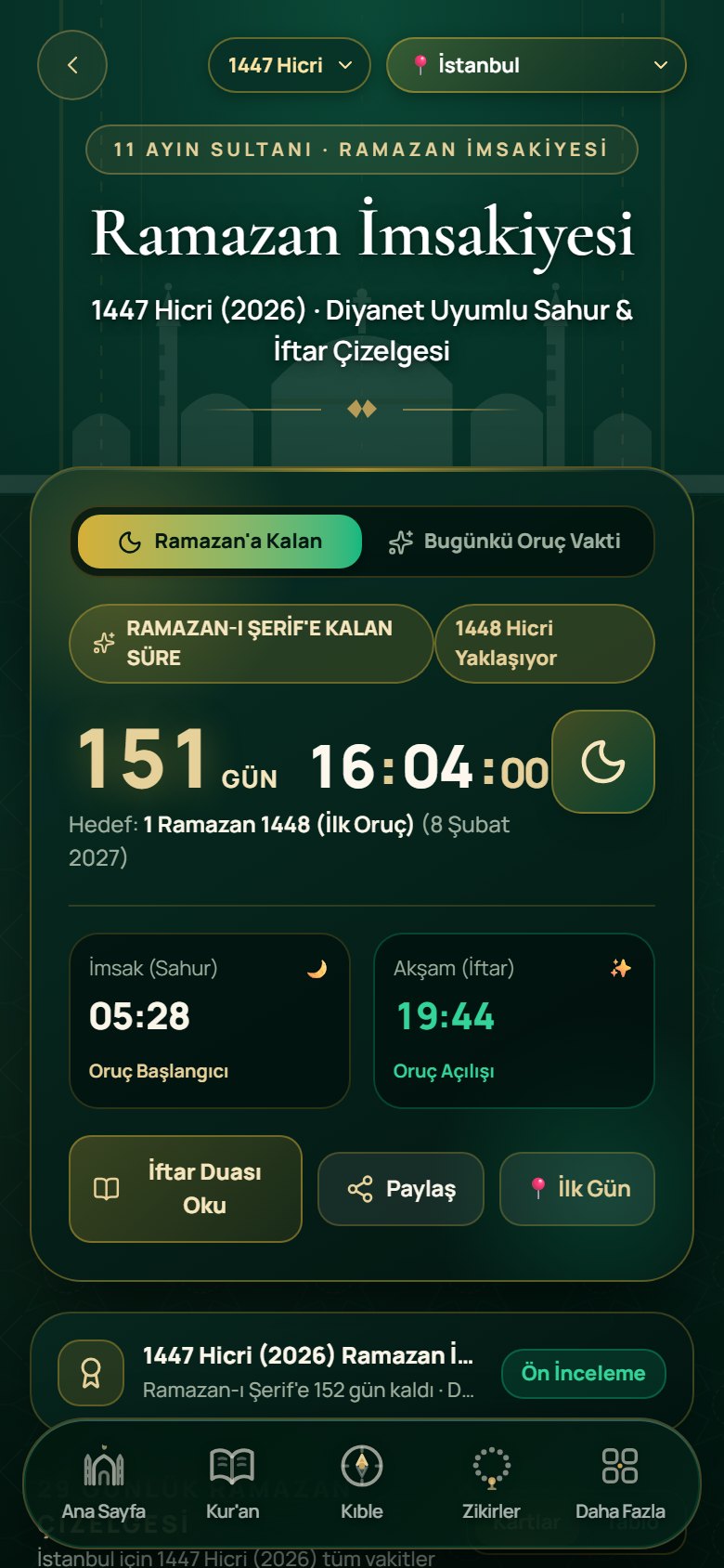 Ramazan imsakiyesi ekranı