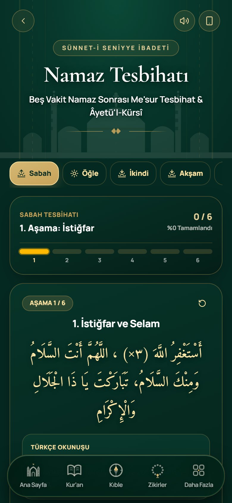 Namaz Tesbihatı rehberi ekranı