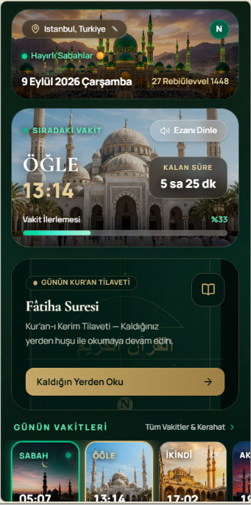 MyNefs ana ekran vakit ve Kur'an özeti