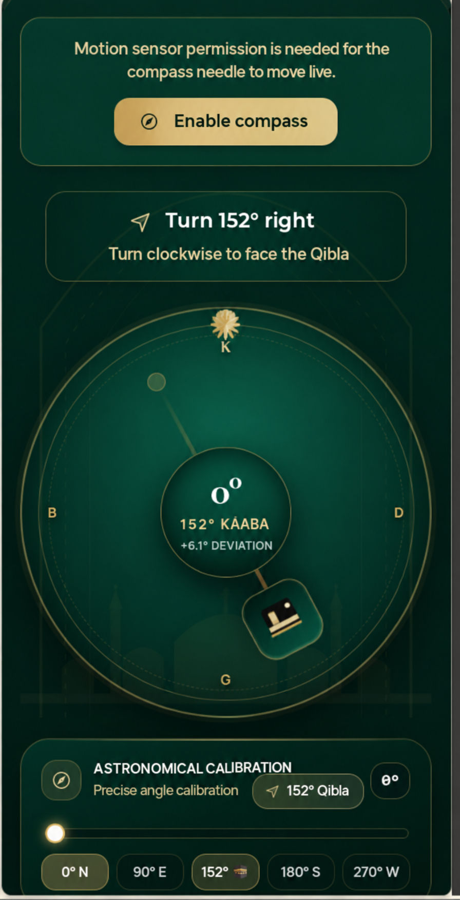 Qibla sensor and compass guidance screen