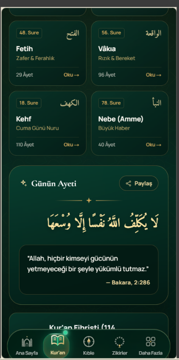 Kur'an sureleri ve günün ayeti ekranı