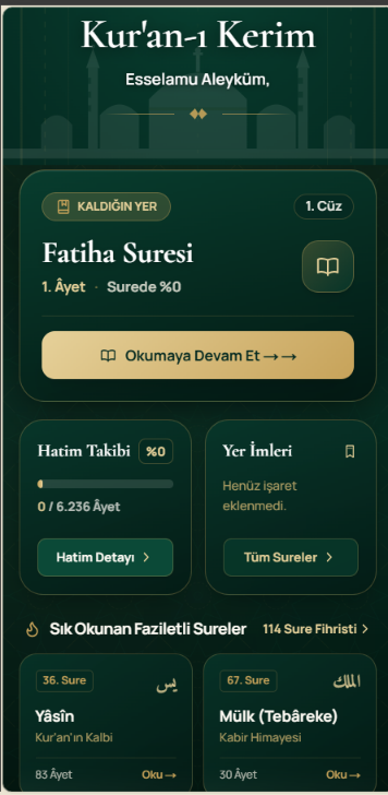 Kur'an ana ekranı ve okuma ilerlemesi